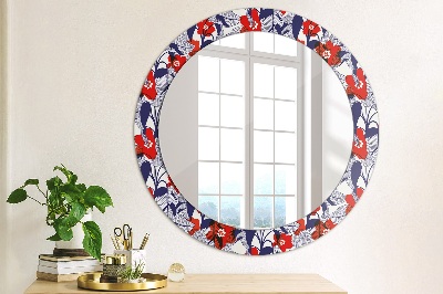 Miroir rond avec décoration Philodendron et fleurs rouges