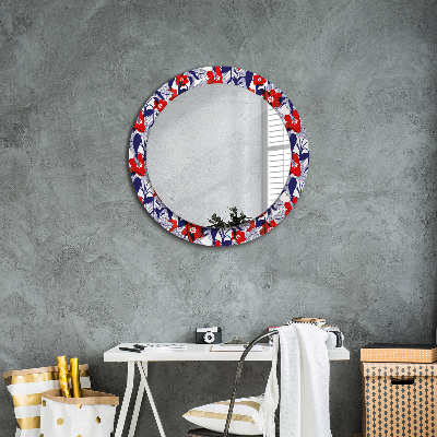 Miroir rond avec décoration Philodendron et fleurs rouges