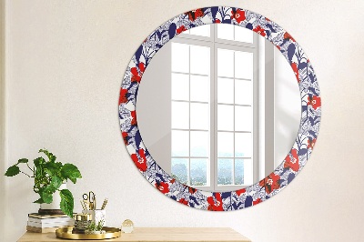 Miroir rond avec décoration Philodendron et fleurs rouges