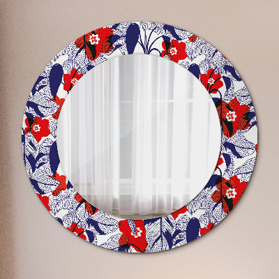Miroir rond avec décoration Philodendron et fleurs rouges