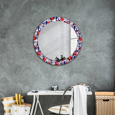 Miroir rond avec décoration Philodendron et fleurs rouges