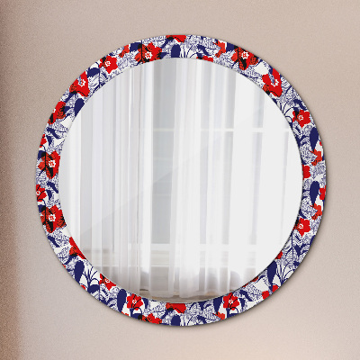 Miroir rond avec décoration Philodendron et fleurs rouges