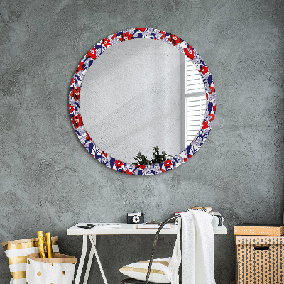 Miroir rond avec décoration Philodendron et fleurs rouges