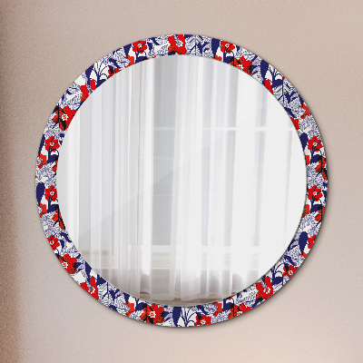 Miroir rond avec décoration Philodendron et fleurs rouges