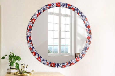 Miroir rond avec décoration Philodendron et fleurs rouges
