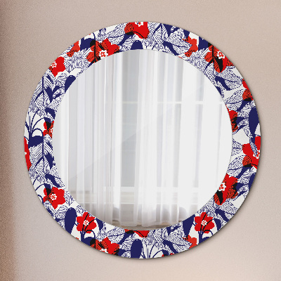 Miroir rond avec décoration Philodendron et fleurs rouges