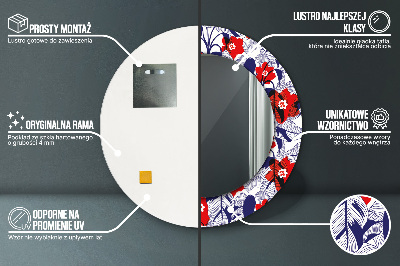 Miroir rond avec décoration Philodendron et fleurs rouges