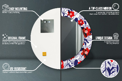 Miroir rond avec décoration Philodendron et fleurs rouges