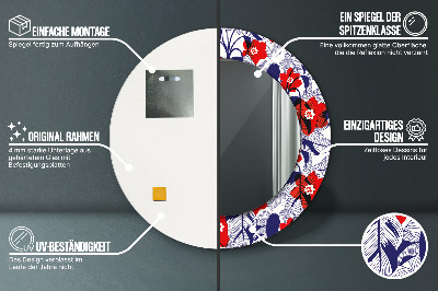 Miroir rond avec décoration Philodendron et fleurs rouges