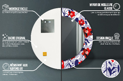 Miroir rond avec décoration Philodendron et fleurs rouges