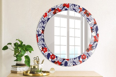 Miroir rond avec décoration Philodendron et fleurs rouges