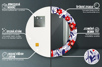 Miroir rond avec décoration Philodendron et fleurs rouges