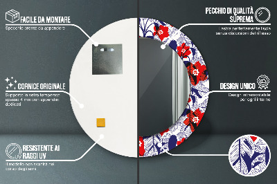 Miroir rond avec décoration Philodendron et fleurs rouges