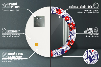 Miroir rond avec décoration Philodendron et fleurs rouges