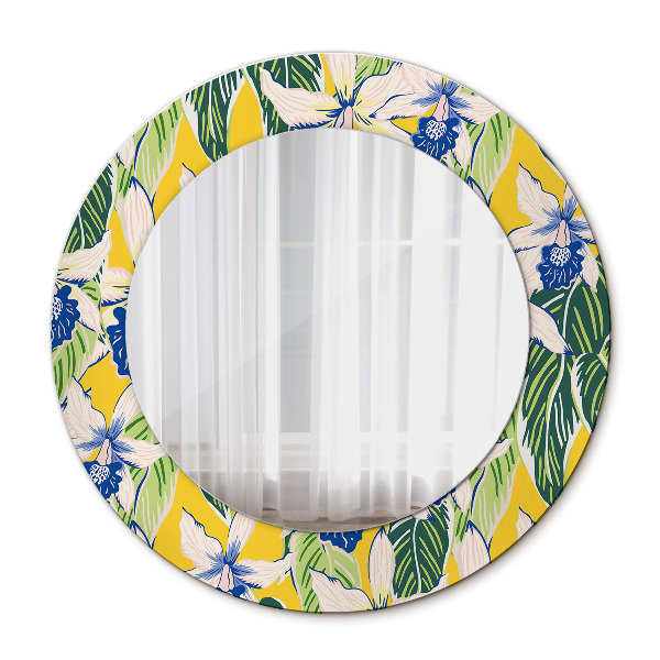 Miroir rond avec décoration Orchidées bleues et jaunes