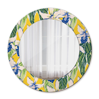 Miroir rond avec décoration Orchidées bleues et jaunes