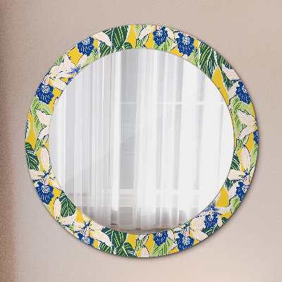 Miroir rond avec décoration Orchidées bleues et jaunes