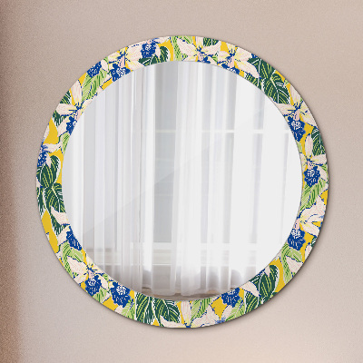 Miroir rond avec décoration Orchidées bleues et jaunes
