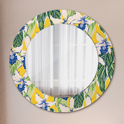 Miroir rond avec décoration Orchidées bleues et jaunes