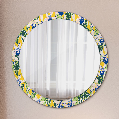 Miroir rond avec décoration Orchidées bleues et jaunes
