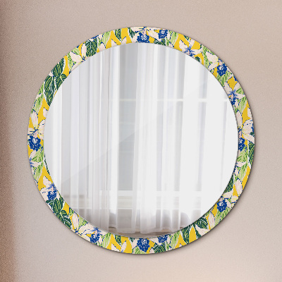 Miroir rond avec décoration Orchidées bleues et jaunes