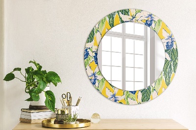 Miroir rond avec décoration Orchidées bleues et jaunes