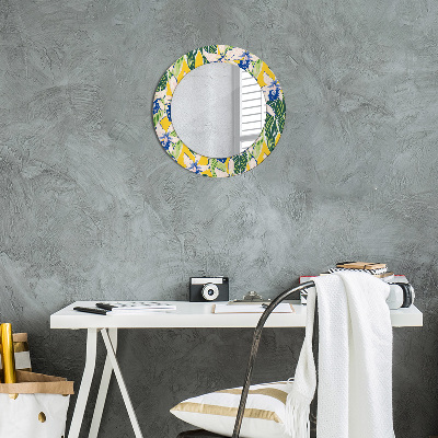 Miroir rond avec décoration Orchidées bleues et jaunes