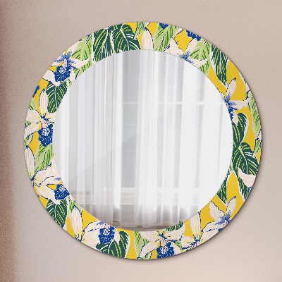 Miroir rond avec décoration Orchidées bleues et jaunes