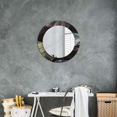 Miroir rond avec décoration Feuilles tropicales foncées