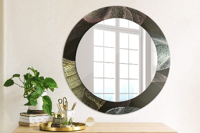 Miroir rond avec décoration Feuilles tropicales foncées