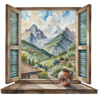 Sticker fenêtre trompe l'oeil 130x120 paysage de montagne
