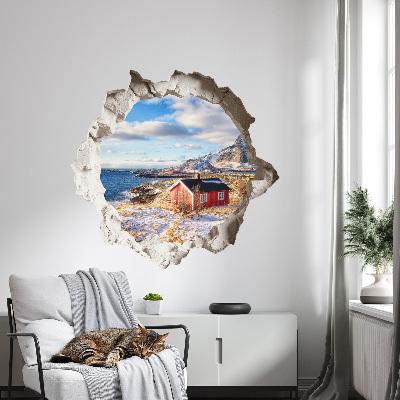 Sticker mural effet trou 3D 60x57 paysage d'hiver