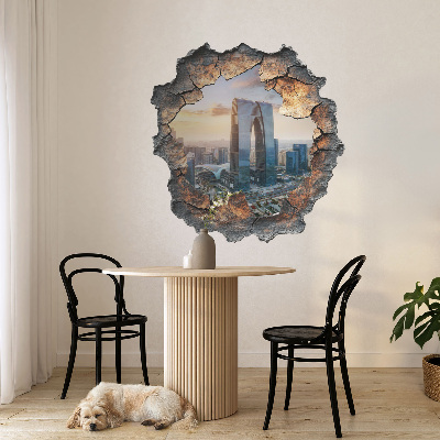 Sticker mural effet trou 3D 77x80 Ville du futur