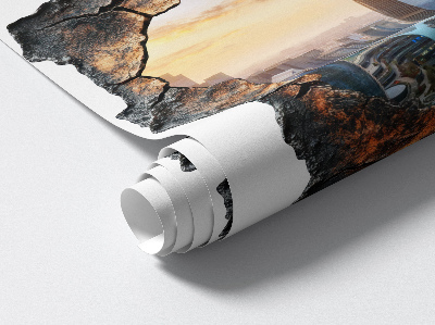 Sticker mural effet trou 3D 77x80 Ville du futur