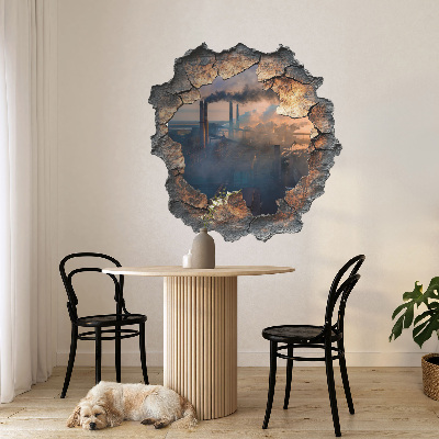 Sticker mural effet trou 3D 77x80 paysage industriel