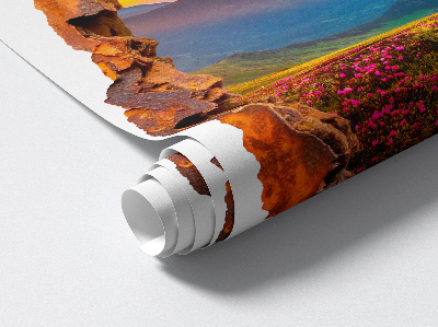 Sticker mural effet trou 3D 66x80 Montagnes de fleurs