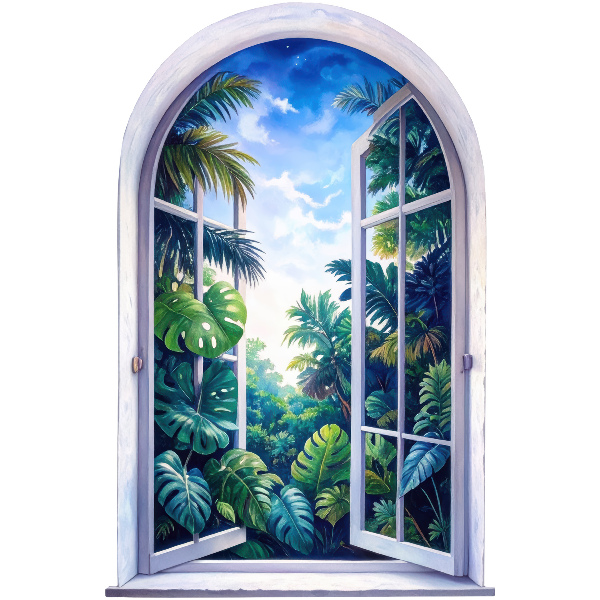 Fausse fenêtre trompe l'oeil 53x80 vue tropicale