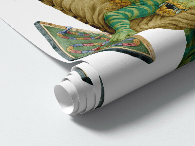 Autocollant mural 100x127 Un dinosaure dans un style dessin animé avec des feuilles et des fleurs