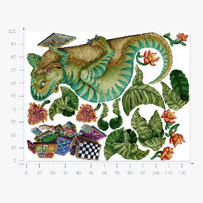 Autocollant mural 100x127 Un dinosaure dans un style dessin animé avec des feuilles et des fleurs