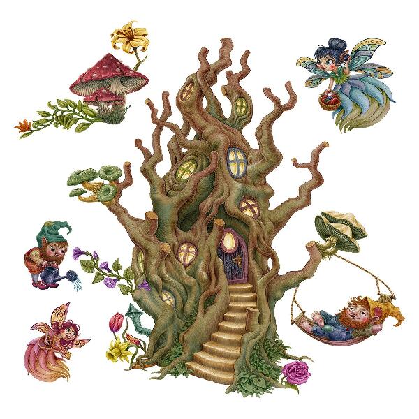 Autocollant mural 100x133 Créatures de la forêt, fées, gnomes et une cabane dans les arbres