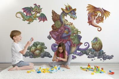 Autocollant mural 100x122 Famille de contes de fées de dragons colorés dans un style illustratif
