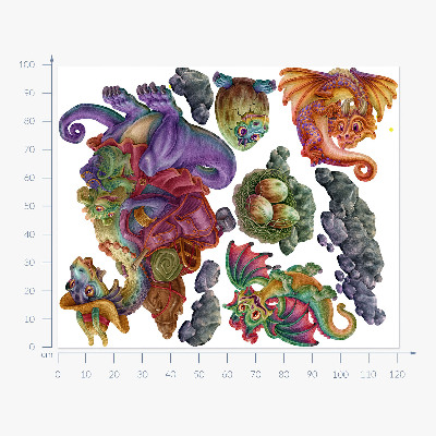 Autocollant mural 100x122 Famille de contes de fées de dragons colorés dans un style illustratif