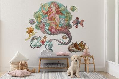 Autocollant mural 100x99 Une sirène de style dessin animé avec des coquillages sous-marins