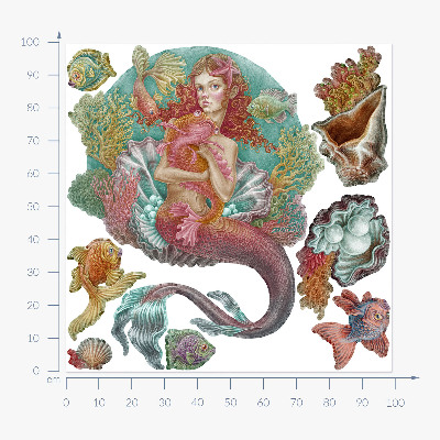 Autocollant mural 100x99 Une sirène de style dessin animé avec des coquillages sous-marins