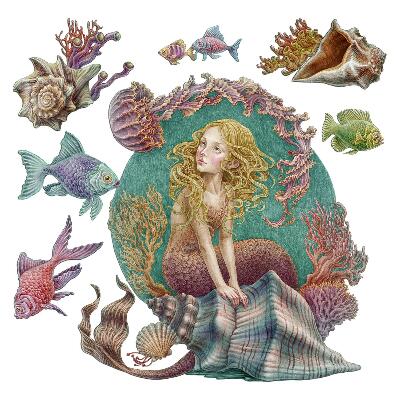 Autocollant mural 100x88 Une sirène parmi les coquillages des histoires sous-marines