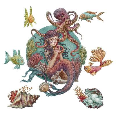 Autocollant mural 100x112 Une sirène avec une coquille dans un style de dessin animé