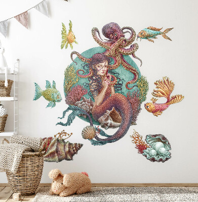 Autocollant mural 100x112 Une sirène avec une coquille dans un style de dessin animé