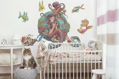 Autocollant mural 100x112 Une sirène avec une coquille dans un style de dessin animé