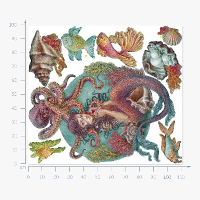 Autocollant mural 100x112 Une sirène avec une coquille dans un style de dessin animé