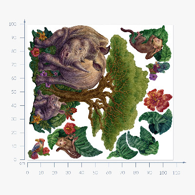 Autocollant mural 100x108 Animaux sauvages et végétation de safari en dessins
